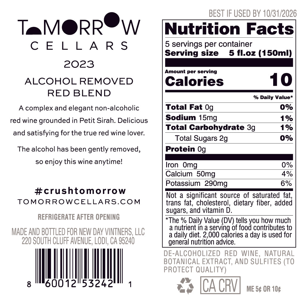 Tomorrow Cellars non-alcoholic red wine has 10 calories and 2G of sugar per glass.