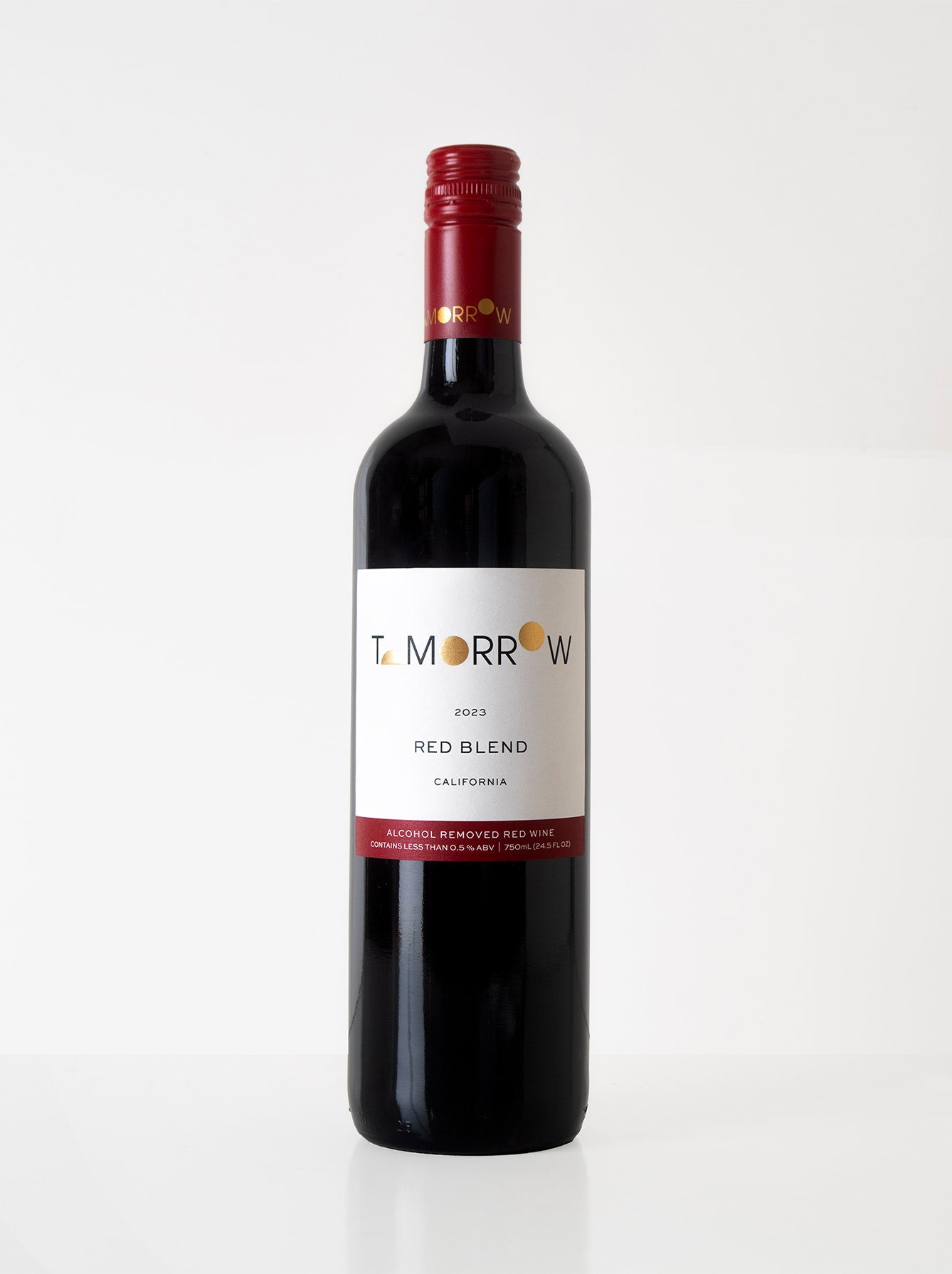 Bottle of Tomorrow Cellars 2023 Red Blend – a non-alcoholic red wine made with Petite Sirah, aged 14 months in French oak barrels. Offers notes of cassis, dried herbs, and cocoa with a refined, lighter body.